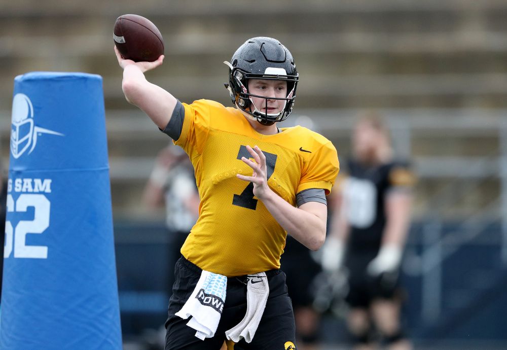 Iowa Hawkeyes quarterback Spencer Petras (7) during practice Monday, December 23, 2019 at Mesa College in San Diego. (Brian Ray/hawkeyesports.com)