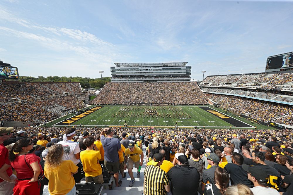 The Hawkeye Marching Band performs during half time of their Big Ten Conference football game at Kinnick Stadium in Iowa City on Saturday, Sep 7, 2019. (Stephen Mally/hawkeyesports.com)