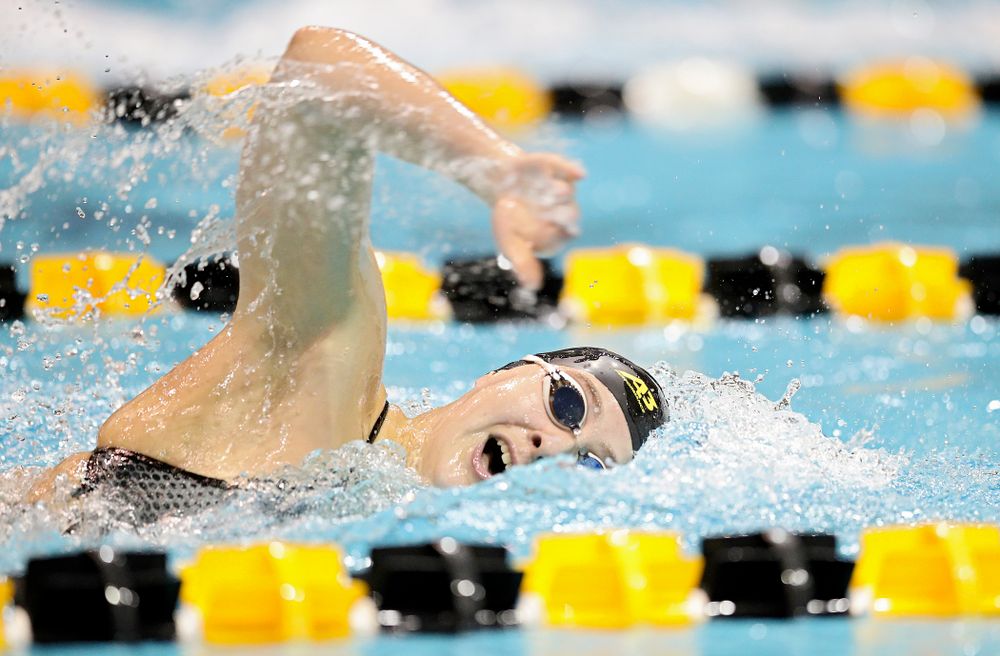 Iowa’s Maddie Ziegert swims the freestyle section in the women’s 400 yard medley relay event during their meet at the Campus Recreation and Wellness Center in Iowa City on Friday, February 7, 2020. (Stephen Mally/hawkeyesports.com)