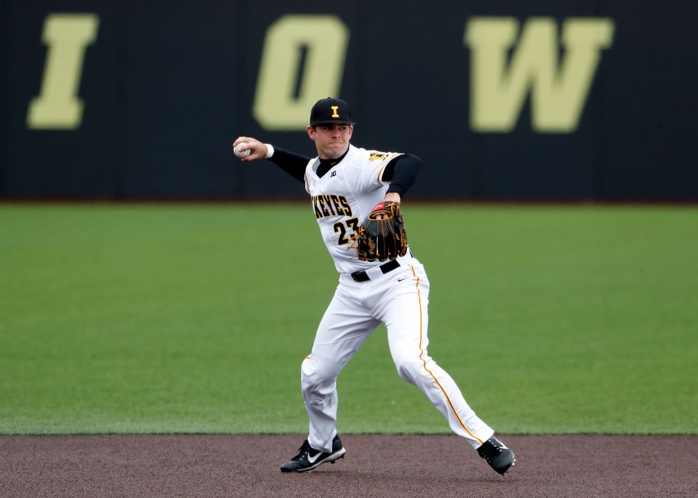 Iowa Hawkeyes infielder Kyle Crowl (23) during a double header against the Indiana Hoosiers Friday, March 23, 2018 at Duane Banks Field. (Brian Ray/hawkeyesports.com)