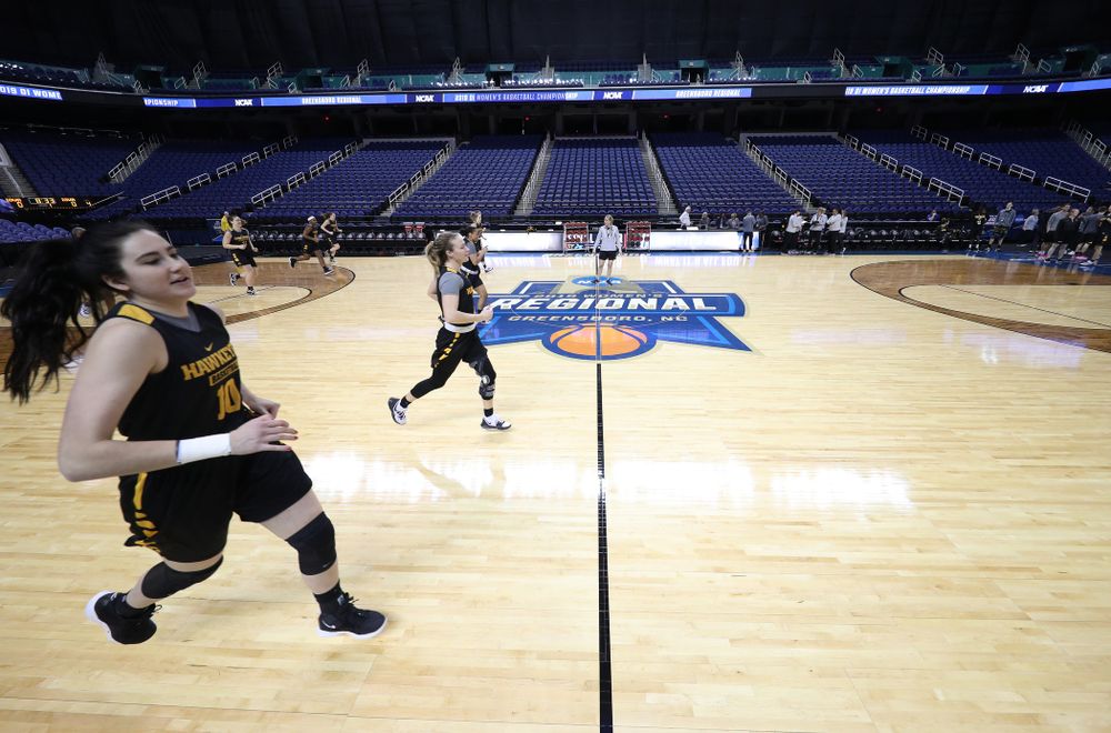 The Iowa Hawkeyes during media and practice as they prepare for their Sweet 16 matchup against NC State Friday, March 29, 2019 at the Greensboro Coliseum in Greensboro, NC.(Brian Ray/hawkeyesports.com)