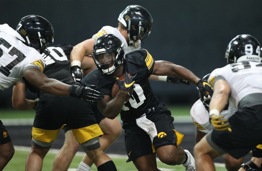 Iowa Hawkeyes running back Mekhi Sargent (10) during Fall Camp Practice No. 16 Tuesday, August 20, 2019 at the Ronald D. and Margaret L. Kenyon Football Practice Facility. (Brian Ray/hawkeyesports.com)