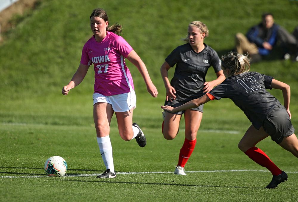 Iowa forward Samantha Tawharu (27) moves with the ball during the first half of their match at the Iowa Soccer Complex in Iowa City on Sunday, Oct 27, 2019. (Stephen Mally/hawkeyesports.com)