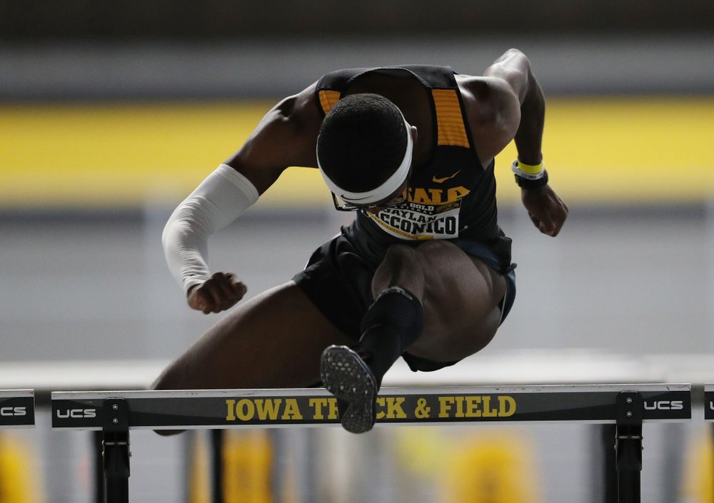 Iowa's Jaylan McConico competes in the 60-meter hurdles during the Black and Gold Premier meet Saturday, January 26, 2019 at the Recreation Building. (Brian Ray/hawkeyesports.com)