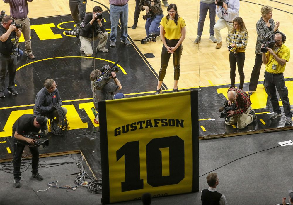 Megan Gustafson watches as her number is raised to the rafters during her jersey retirement ceremony at Carver-Hawkeye Arena in Iowa City on Sunday, January 26, 2020. (Stephen Mally/hawkeyesports.com)