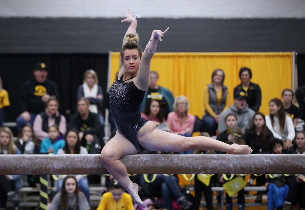 Madison Kampschroeder competes on the beam during the Black and Gold intrasquad meet Saturday, December 1, 2018 at the University of Iowa Field House. (Brian Ray/hawkeyesports.com)