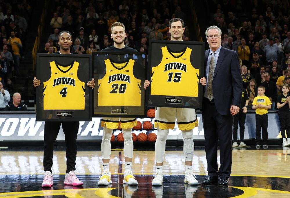 Iowa Hawkeyes seniors Bakari Evelyn, Riley Till, Ryan Kriener, and head coach Fran McCaffery during senior nigh activities before their game against the Purdue Boilermakers Tuesday, March 3, 2020 at Carver-Hawkeye Arena. (Brian Ray/hawkeyesports.com)