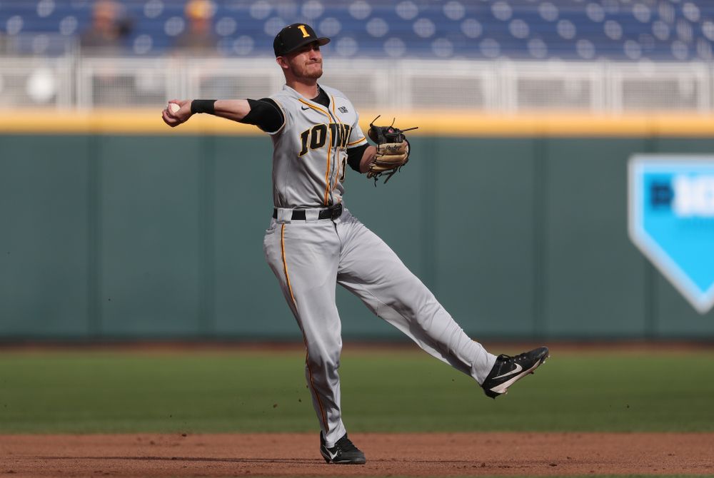 Iowa Hawkeyes Tanner Wetrich (16) fields a ground ball against the Indiana Hoosiers in the first round of the Big Ten Baseball Tournament Wednesday, May 22, 2019 at TD Ameritrade Park in Omaha, Neb. (Brian Ray/hawkeyesports.com)