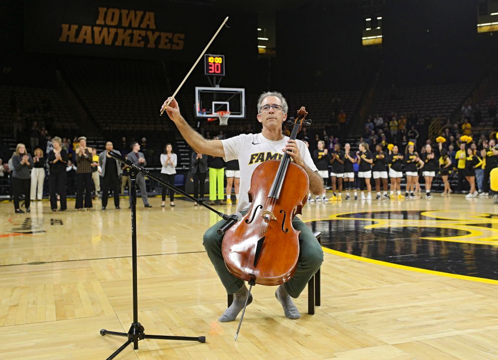 Anthony Arnone performs the National Anthem on his cello before Iowa’s overtime win against Princeton at Carver-Hawkeye Arena in Iowa City on Wednesday, Nov 20, 2019. (Stephen Mally/hawkeyesports.com)