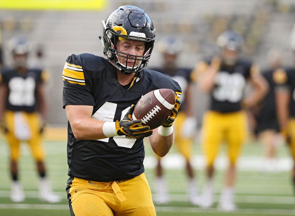 Iowa Hawkeyes tight end Bryce Schulte (48) pulls in a pass during Fall Camp Practice No. 12 at Kinnick Stadium in Iowa City on Thursday, Aug 15, 2019. (Stephen Mally/hawkeyesports.com)