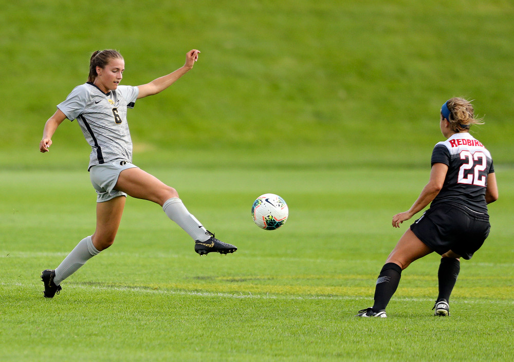 Iowa midfielder Isabella Blackman (6) passes the ball during the first half of their match at the Iowa Soccer Complex in Iowa City on Sunday, Sep 1, 2019. (Stephen Mally/hawkeyesports.com)