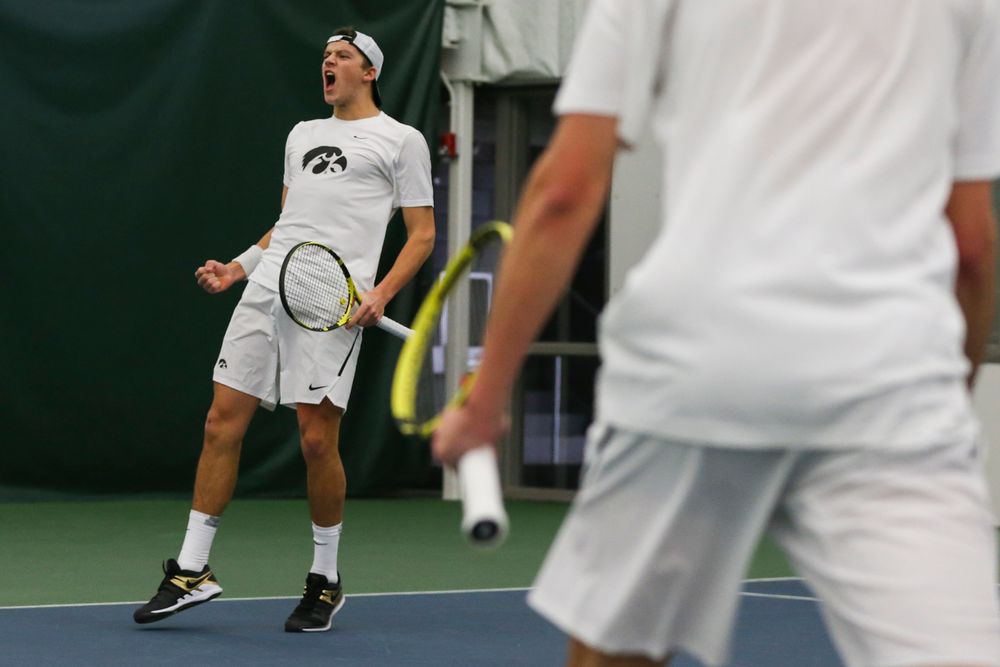 Iowa’s Joe Tyler celebrates a point during the Iowa men’s tennis match vs Western Michigan on Saturday, January 18, 2020 at the Hawkeye Tennis and Recreation Complex. (Lily Smith/hawkeyesports.com)