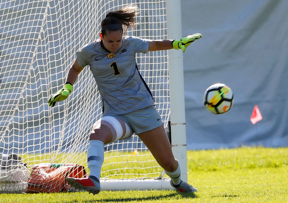 Iowa Hawkeyes goalkeeper Claire Graves (1) makes a save during a game against Indiana at the Iowa Soccer Complex on September 23, 2018. (Tork Mason/hawkeyesports.com)