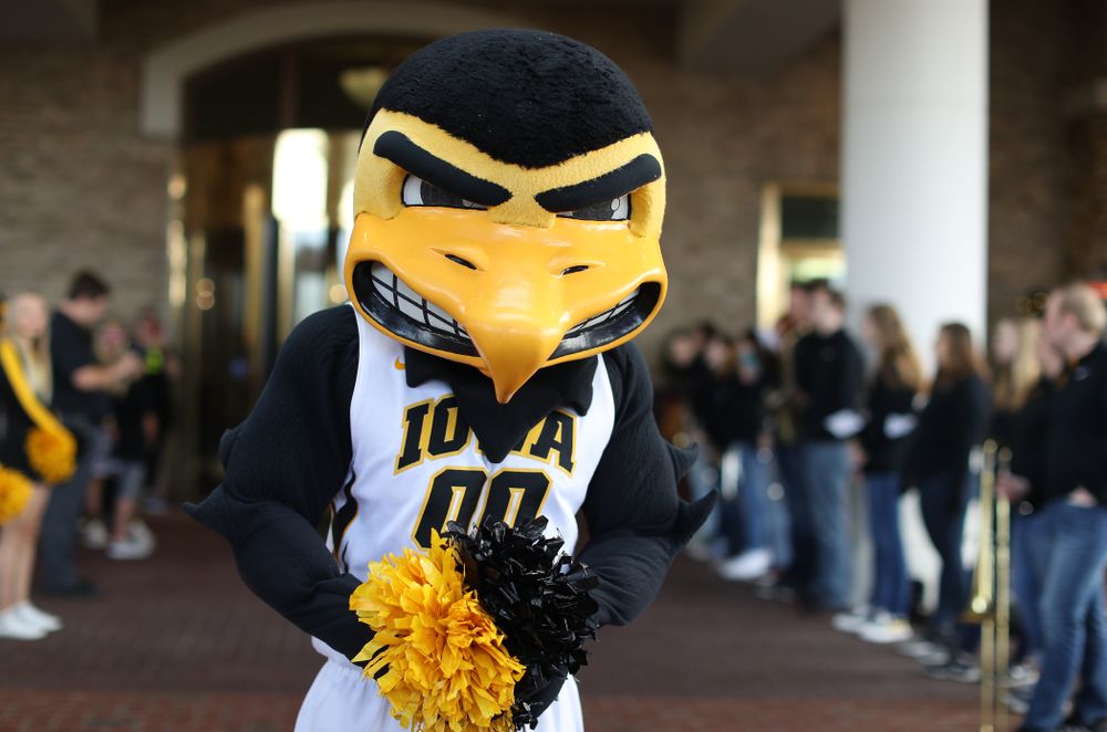 Herky The Hawk during a send off at the hotel before their game against the NC State Wolfpack in the regional semi-final of the 2019 NCAA Women's College Basketball Tournament Saturday, March 30, 2019 at Greensboro Coliseum in Greensboro, NC.(Brian Ray/hawkeyesports.com)