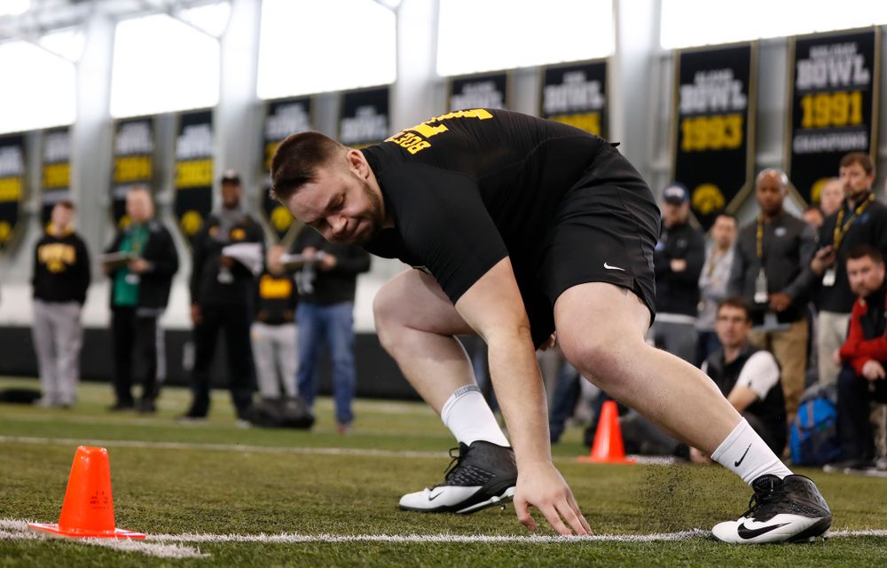 Iowa Hawkeyes offensive lineman Ike Boettger (75) during the team's annual pro day Monday, March 26, 2018 at the Hansen Football Performance Center. (Brian Ray/hawkeyesports.com)