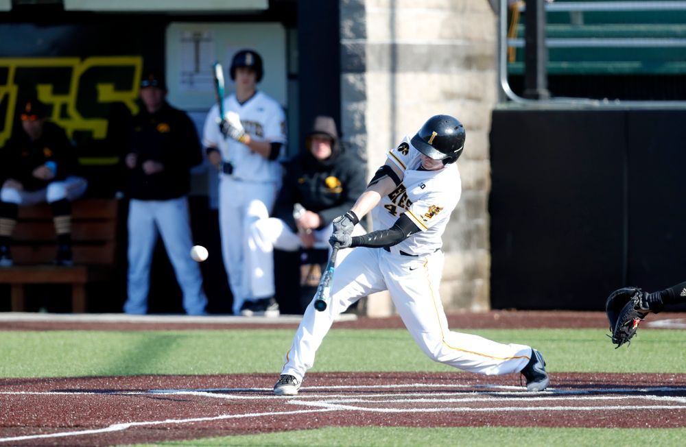 Iowa Hawkeyes outfielder Robert Neustrom (44) against Northern Illinois Tuesday, April 17, 2018 at Duane Banks Field. (Brian Ray/hawkeyesports.com)