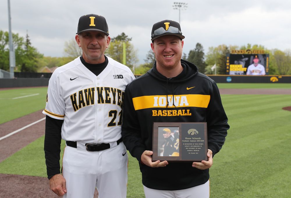 Graduate Assistant Shane Schmidt during senior day festivities before their game against Michigan State Sunday, May 12, 2019 at Duane Banks Field. (Brian Ray/hawkeyesports.com)