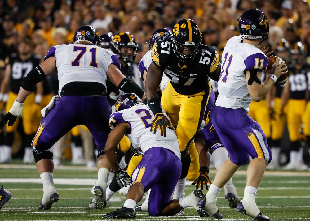 Iowa Hawkeyes defensive end Chauncey Golston (57) rushes the quarterback during a game against Northern Iowa at Kinnick Stadium on September 15, 2018. (Tork Mason/hawkeyesports.com)