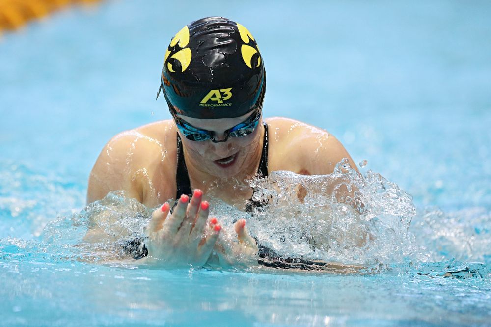 Iowa’s Christina Crane swims in the women’s 200 yard breaststroke preliminary event during the 2020 Women’s Big Ten Swimming and Diving Championships at the Campus Recreation and Wellness Center in Iowa City on Saturday, February 22, 2020. (Stephen Mally/hawkeyesports.com)