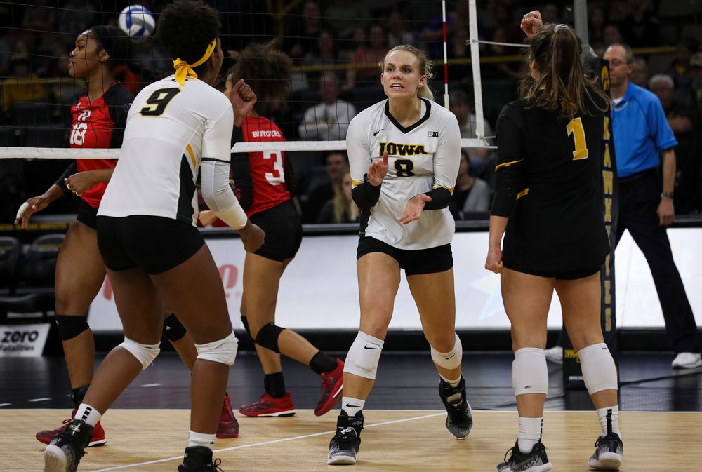 Iowa Hawkeyes right side hitter Reghan Coyle (8) celebrates after winning a point during a match against Rutgers at Carver-Hawkeye Arena on November 2, 2018. (Tork Mason/hawkeyesports.com)