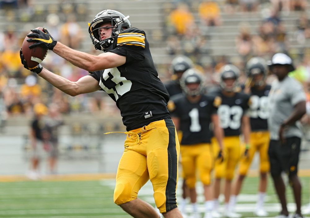 Iowa Hawkeyes wide receiver Henry Marchese (13) pulls in a pass during Fall Camp Practice No. 8 at Kids Day at Kinnick Stadium in Iowa City on Saturday, Aug 10, 2019. (Stephen Mally/hawkeyesports.com)