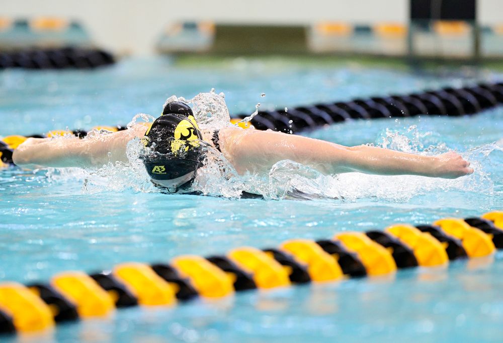 Iowa’s Kelsey Drake swims the women’s 100 yard butterfly preliminary event during the 2020 Women’s Big Ten Swimming and Diving Championships at the Campus Recreation and Wellness Center in Iowa City on Friday, February 21, 2020. (Stephen Mally/hawkeyesports.com)