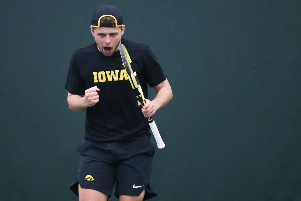 Iowa’s Will Davies celebrates a point during the Iowa men’s tennis meet vs VCU  on Saturday, February 29, 2020 at the Hawkeye Tennis and Recreation Complex. (Lily Smith/hawkeyesports.com)