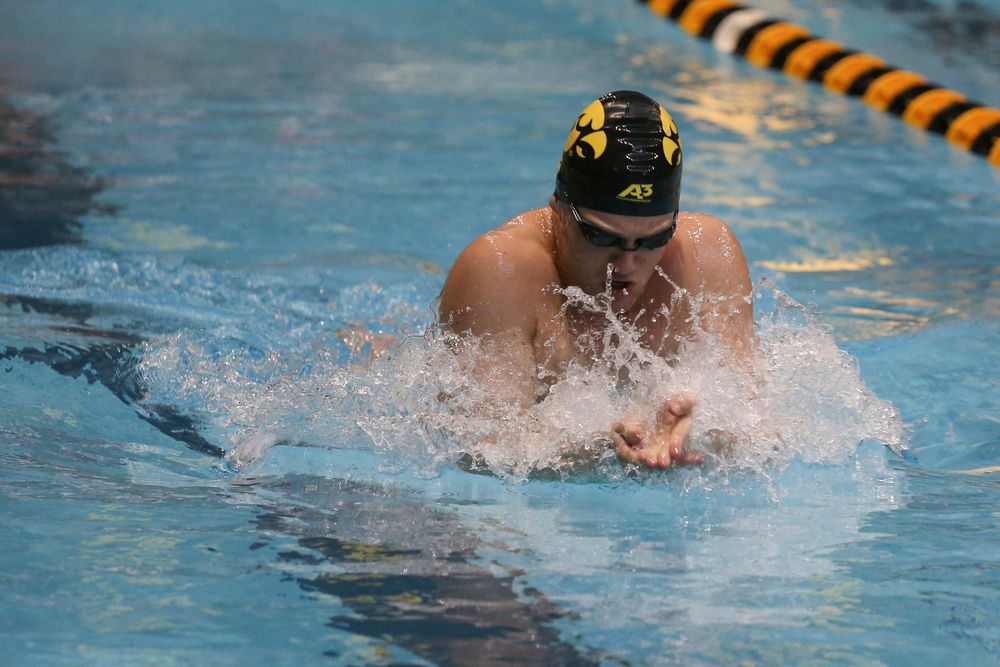 Iowa’s Caleb Babb swims the 100-yard breaststroke during the Iowa swimming and diving meet vs Notre Dame and Illinois on Saturday, January 11, 2020 at the Campus Recreation and Wellness Center. (Lily Smith/hawkeyesports.com)