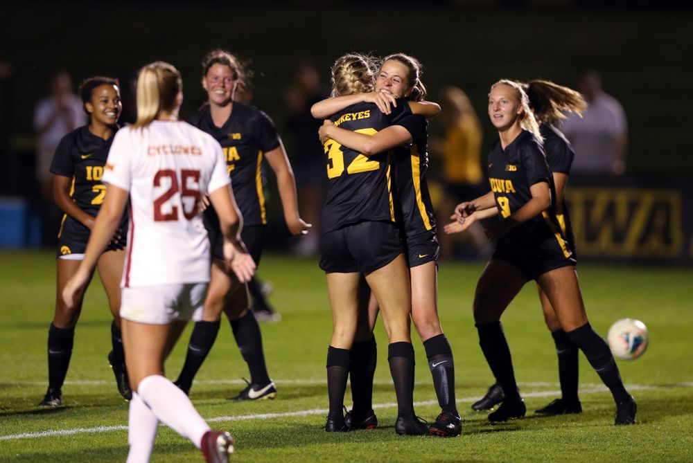 Iowa Hawkeyes forward Jenny Cape (19) celebrates after scoring during a 2-1 victory over the Iowa State Cyclones Thursday, August 29, 2019 in the Iowa Corn Cy-Hawk series at the Iowa Soccer Complex. (Brian Ray/hawkeyesports.com)