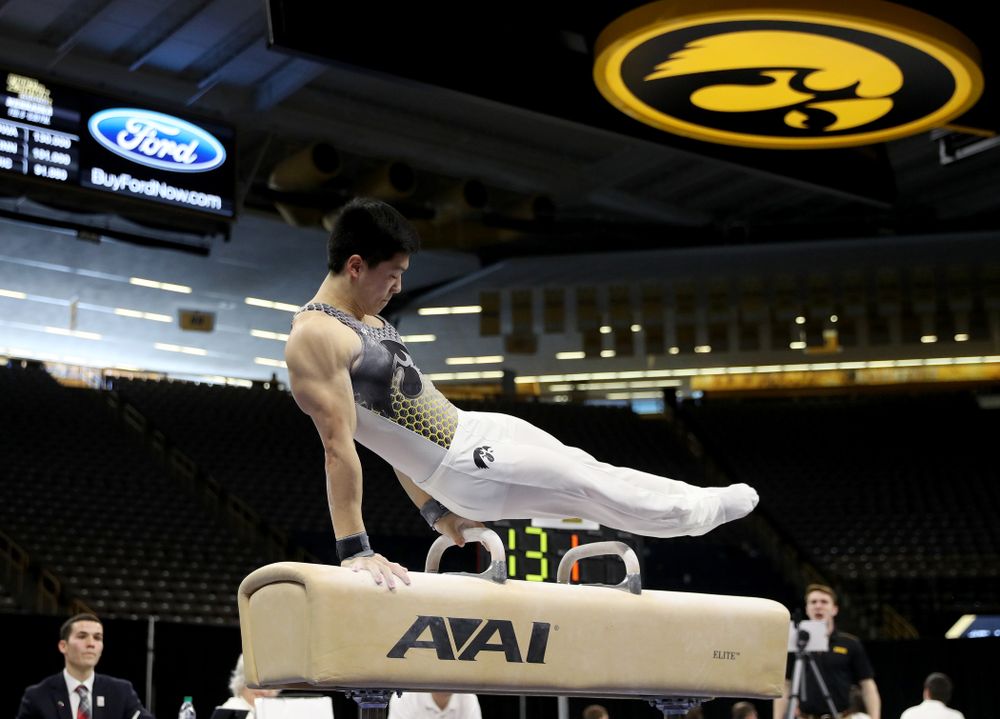 Iowa’s Bennet Huang competes on the Pommel Horse against UIC and Minnesota Saturday, February 1, 2020 at Carver-Hawkeye Arena. (Brian Ray/hawkeyesports.com)