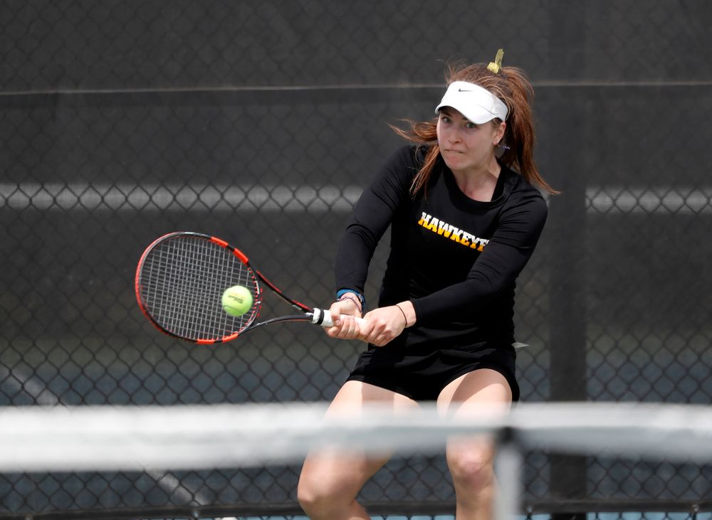 Iowa's Anastasia Reimchen against the Wisconsin Badgers Sunday, April 22, 2018 at the Hawkeye Tennis and Recreation Center. (Brian Ray/hawkeyesports.com)