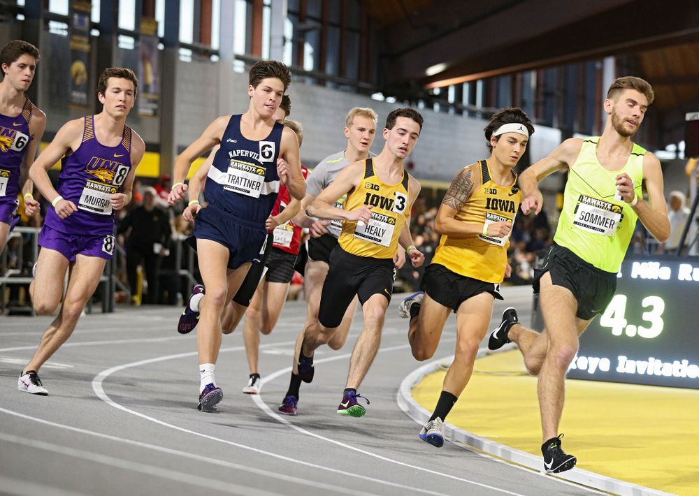 Iowa’s Noah Healy (from left) and Daniel Soto run the men’s 1 mile run event during the Hawkeye Invitational at the Recreation Building in Iowa City on Saturday, January 11, 2020. (Stephen Mally/hawkeyesports.com)