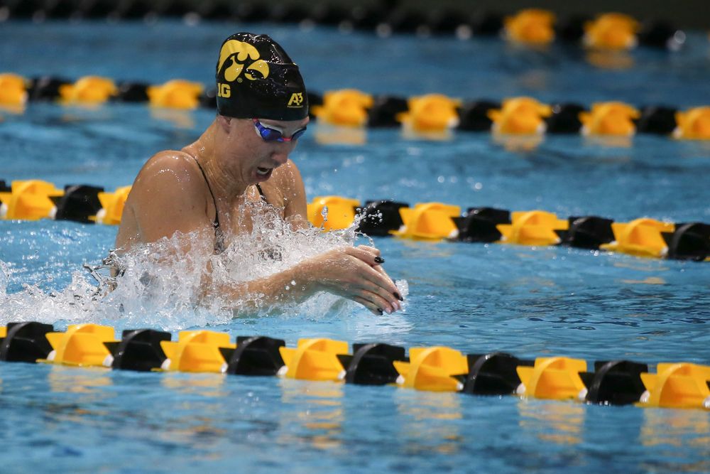 Iowa’s Zoe Mekus swims the 200-yard breaststroke during the Iowa swimming and diving meet vs Notre Dame and Illinois on Saturday, January 11, 2020 at the Campus Recreation and Wellness Center. (Lily Smith/hawkeyesports.com)