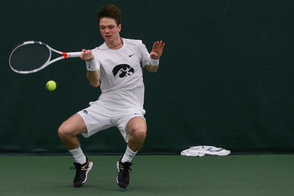 Iowa’s Jason Kerst hits a forehand during the Iowa men’s tennis match vs Western Michigan on Saturday, January 18, 2020 at the Hawkeye Tennis and Recreation Complex. (Lily Smith/hawkeyesports.com)