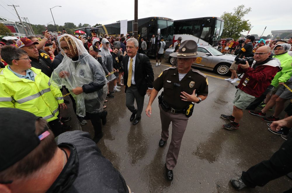 Iowa Hawkeyes head coach Kirk Ferentz arrives for their game against the Iowa State Cyclones Saturday, September 14, 2019 at Jack Trice Stadium in Ames, Iowa. (Brian Ray/hawkeyesports.com)