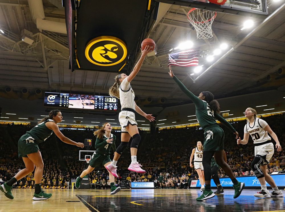 Iowa Hawkeyes guard Makenzie Meyer (3) puts up a shot during the third quarter of their game at Carver-Hawkeye Arena in Iowa City on Sunday, January 26, 2020. (Stephen Mally/hawkeyesports.com)