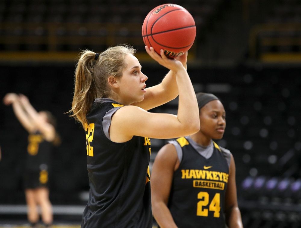 Iowa Hawkeyes guard Kathleen Doyle (22) shoots at a practice during the 2019 NCAA Women's Basketball Tournament at Carver Hawkeye Arena in Iowa City on Saturday, Mar. 23, 2019. (Stephen Mally for hawkeyesports.com)
