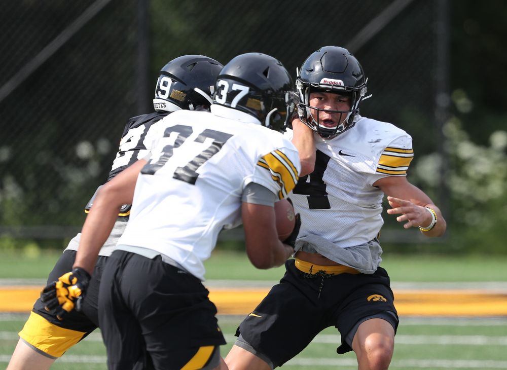 Iowa Hawkeyes defensive back Dane Belton (4) during Fall Camp Practice No. 4 Monday, August 5, 2019 at the Ronald D. and Margaret L. Kenyon Football Practice Facility. (Brian Ray/hawkeyesports.com)