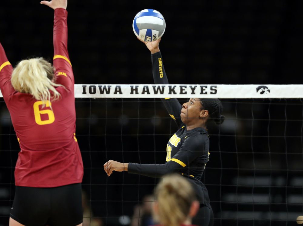 Iowa Hawkeyes outside hitter Griere Hughes (10) against the Iowa State Cyclones Saturday, September 21, 2019 at Carver-Hawkeye Arena. (Brian Ray/hawkeyesports.com)