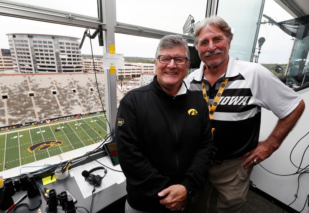 The voices of the Iowa Hawkeyes Gary Dolphin and Ed Podolak in the booth before the Hawkeyes game against the Iowa State Cyclones Saturday, September 8, 2018 at Kinnick Stadium. (Brian Ray/hawkeyesports.com)