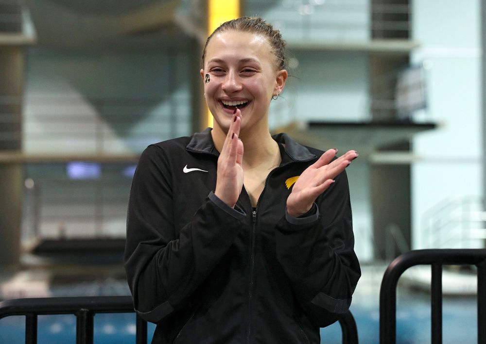 Iowa’s Samantha Tamborski on the awards stand after the women’s 3 meter diving final event during the 2020 Women’s Big Ten Swimming and Diving Championships at the Campus Recreation and Wellness Center in Iowa City on Friday, February 21, 2020. (Stephen Mally/hawkeyesports.com)