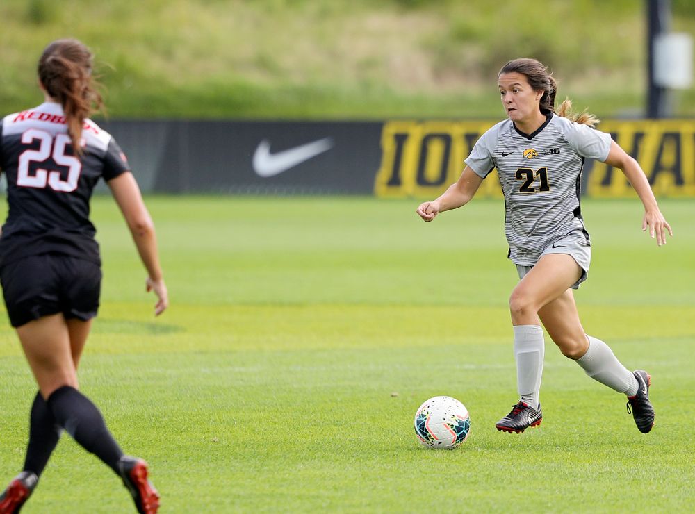 Iowa forward Emma Tokuyama (21) moves with the ball during the first half of their match at the Iowa Soccer Complex in Iowa City on Sunday, Sep 1, 2019. (Stephen Mally/hawkeyesports.com)