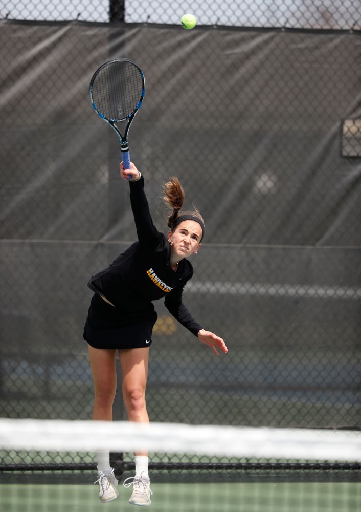 Iowa's Adrienne Jensen against the Wisconsin Badgers Sunday, April 22, 2018 at the Hawkeye Tennis and Recreation Center. (Brian Ray/hawkeyesports.com)