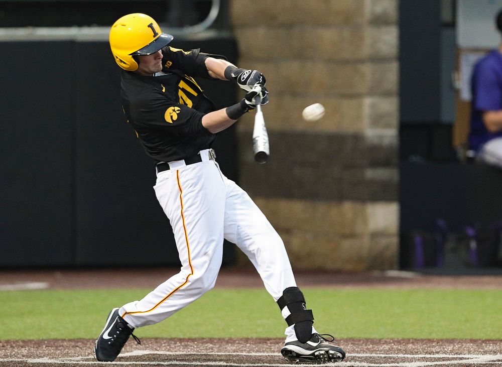 Iowa Hawkeyes left fielder Chris Whelan (28) hits a double during the fourth inning of their game against Western Illinois at Duane Banks Field in Iowa City on Wednesday, May. 1, 2019. (Stephen Mally/hawkeyesports.com)