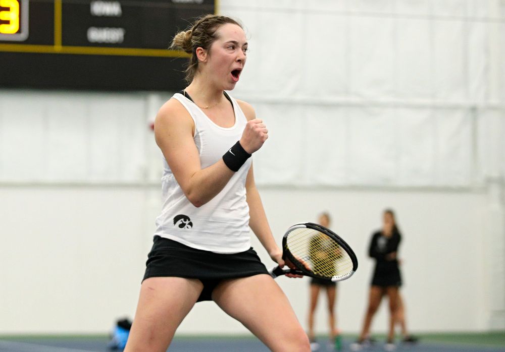 Iowa’s Samantha Mannix celebrates a point during her doubles match at the Hawkeye Tennis and Recreation Complex in Iowa City on Sunday, February 23, 2020. (Stephen Mally/hawkeyesports.com)