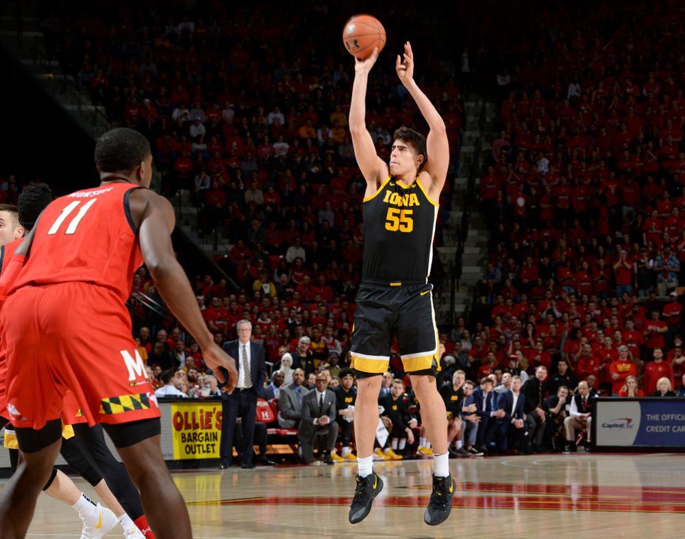 Iowa Hawkeyes center Luka Garza (55) puts up a shot during their game at the Xfinity Center in College Park, MD on Thursday, January 30, 2020. (University of Maryland Athletics)