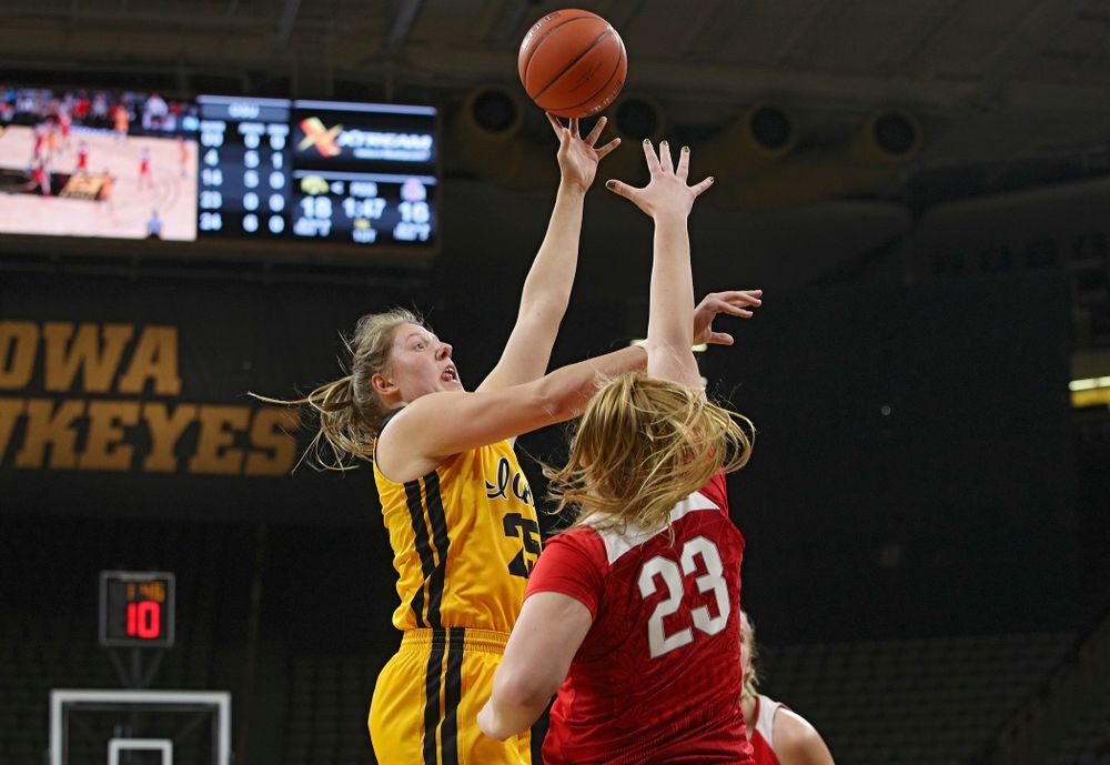 Iowa Hawkeyes forward Monika Czinano (25) puts up a shot during the first quarter of their game at Carver-Hawkeye Arena in Iowa City on Thursday, January 23, 2020. (Stephen Mally/hawkeyesports.com)