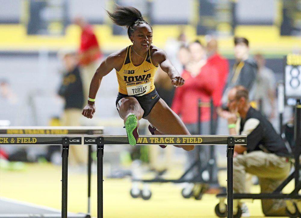 Iowa’s Tionna Tobias competes in the women’s 60 meter hurdles prelims event during the Jimmy Grant Invitational at the Recreation Building in Iowa City on Saturday, December 14, 2019. (Stephen Mally/hawkeyesports.com)