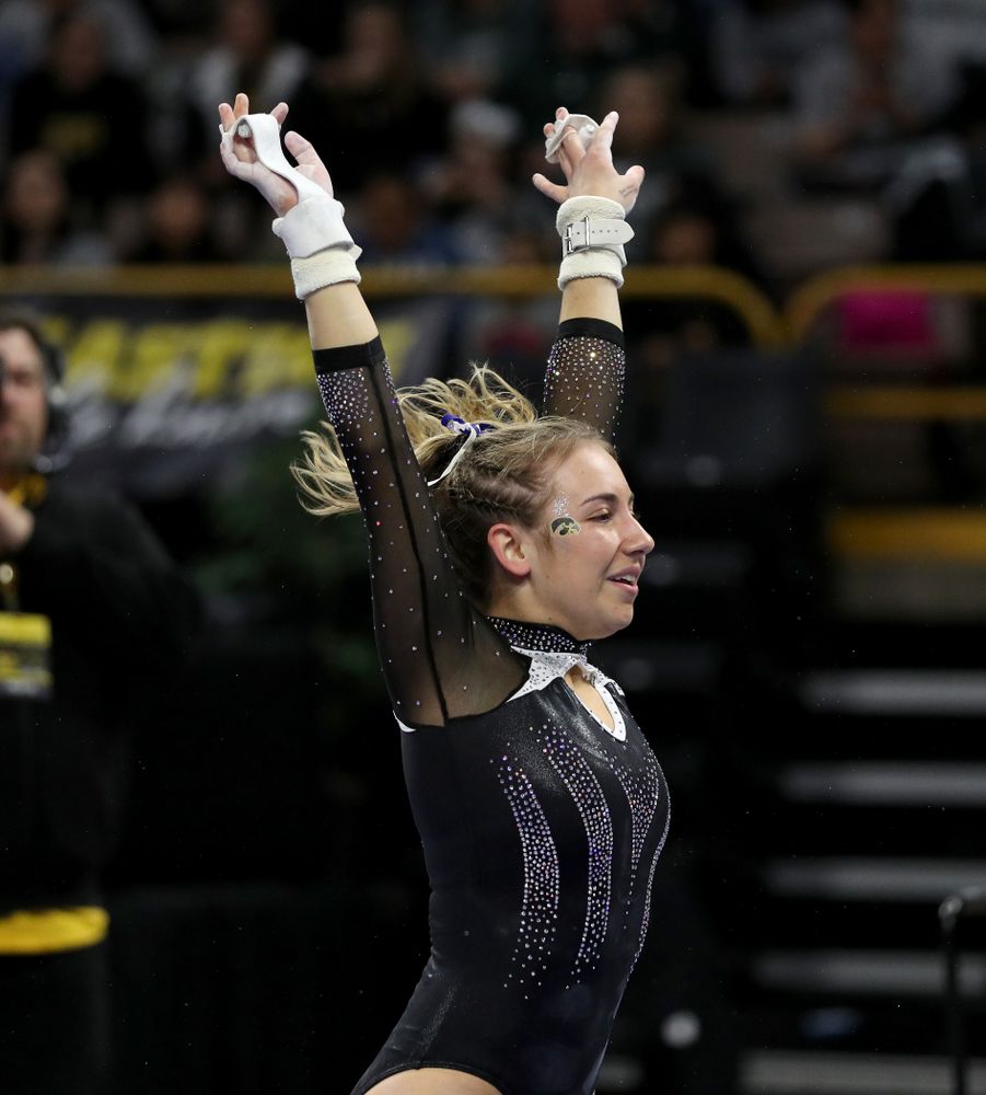 Iowa’s Alex Greenwald competes on the bars against Michigan State Saturday, February 1, 2020 at Carver-Hawkeye Arena. (Brian Ray/hawkeyesports.com)