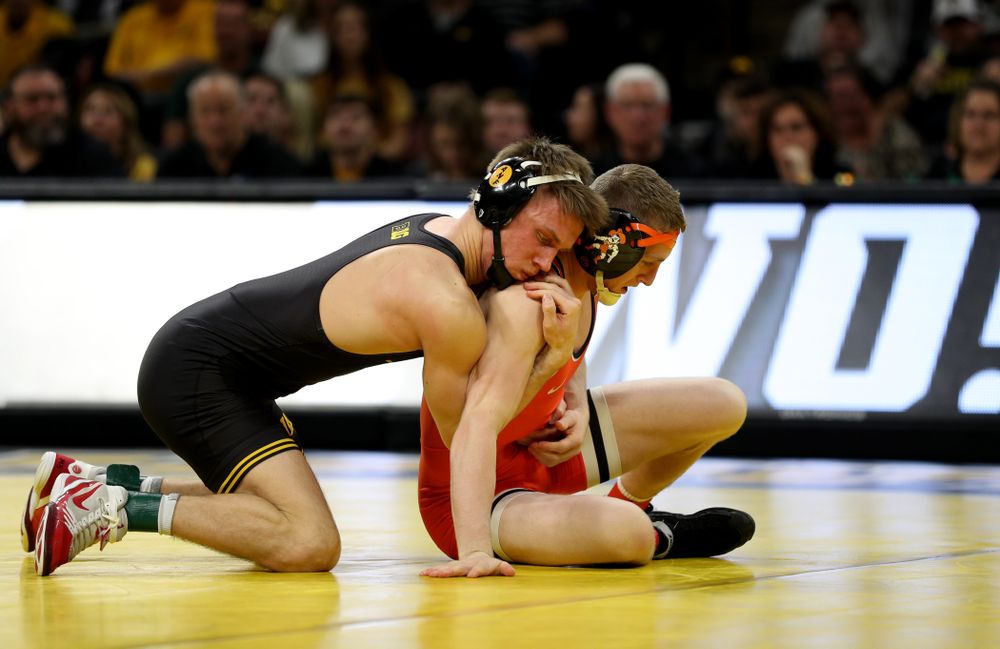Iowa’s Max Murin Wrestles Oklahoma State’s Dusty Hone at 141 pounds Sunday, February 23, 2020 at Carver-Hawkeye Arena. Murin won the match 15-4. (Brian Ray/hawkeyesports.com)